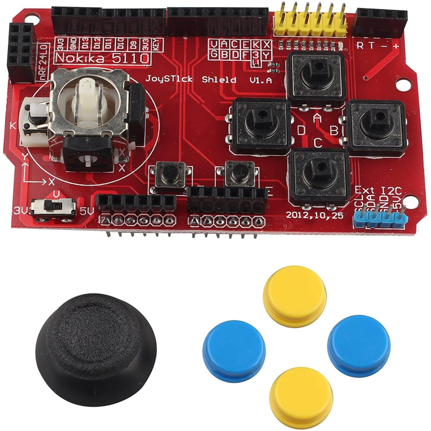 Game JoyStick Keypad Shield for Arduino, featuring a four-button layout and dual-axis PS2 rocker, easy to connect.