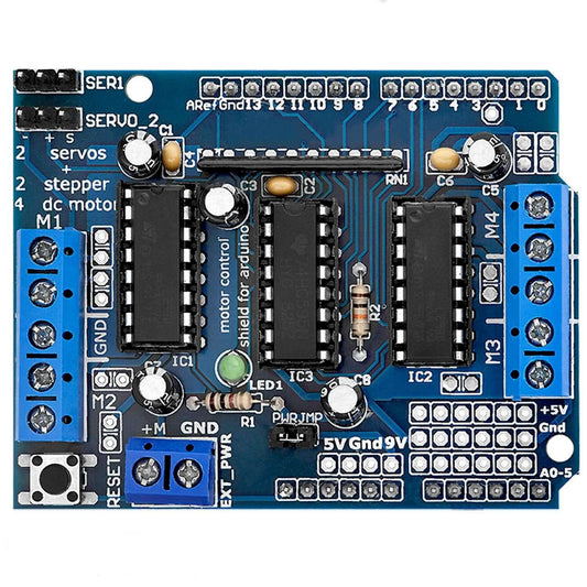 L293D Motor Driver Shield for Arduino with motor control components, perfect for robotics and electronic projects.