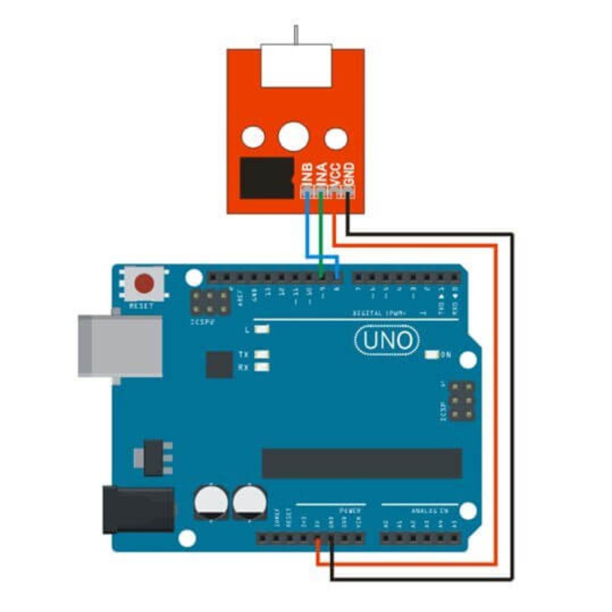 Arduino UNO board wiring diagram for L9110 fan motor module connection.
