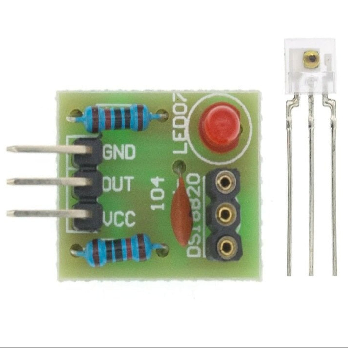 Laser Sensor Receiver Module for Arduino, compact PCB with laser receiving capabilities and output connections.