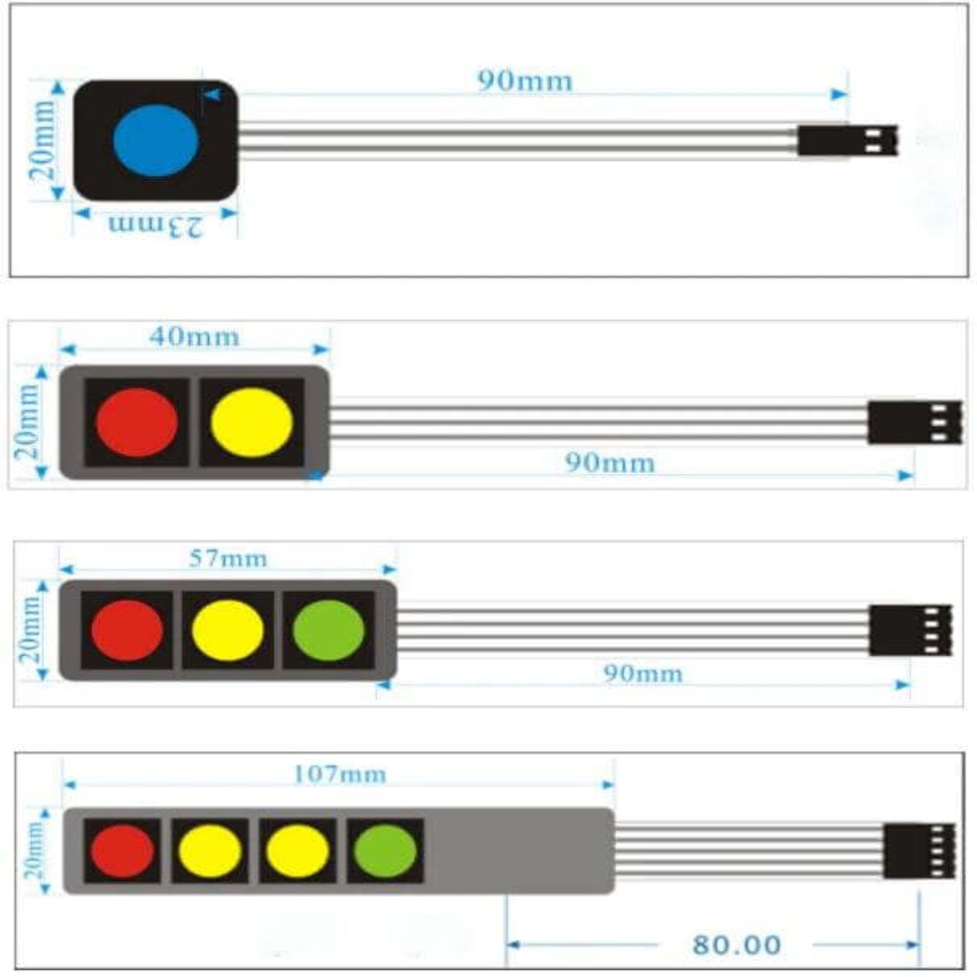Diagram of various 1 2 3 4 key button membrane switches for Arduino with dimensions and color-coded buttons.