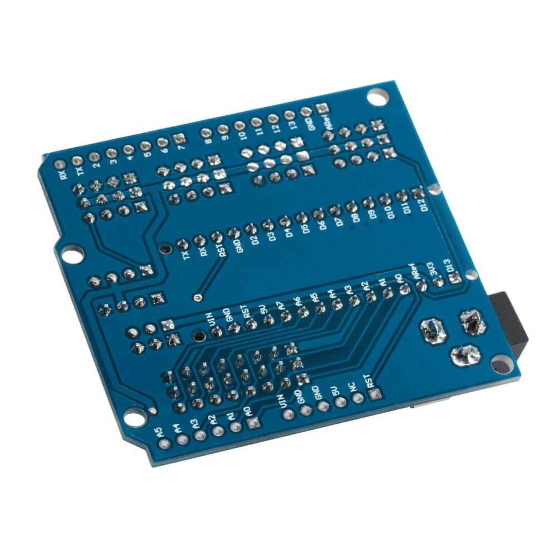 Underside view of the blue PCB traces and soldering points of the Nano expansion module.