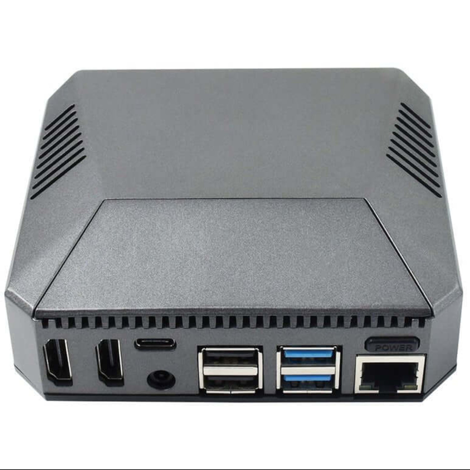 Argon ONE V2 case for Raspberry Pi 4 showing rear ports: HDMI, USB, Ethernet, and power button.