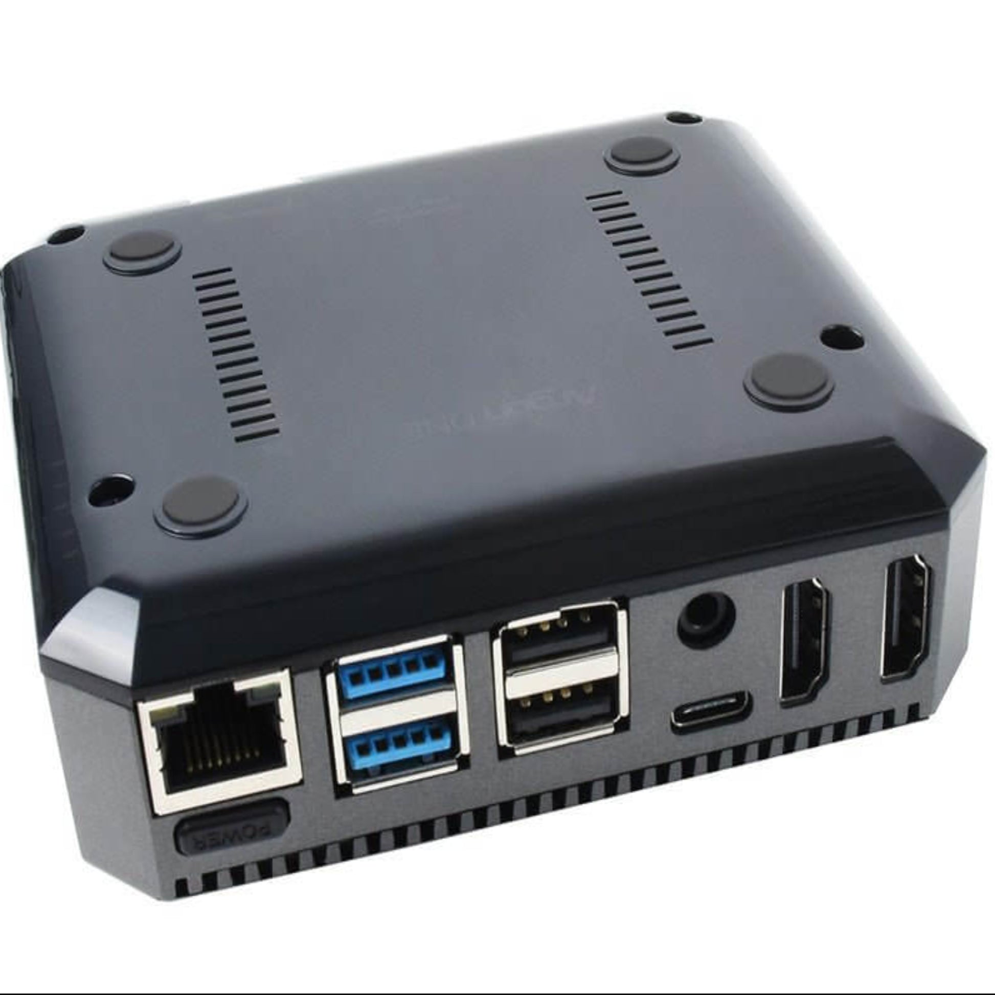 Argon ONE V2 Case for Raspberry Pi 4 showing HDMI ports, USB connectors, and Ethernet port with sleek aluminum design.