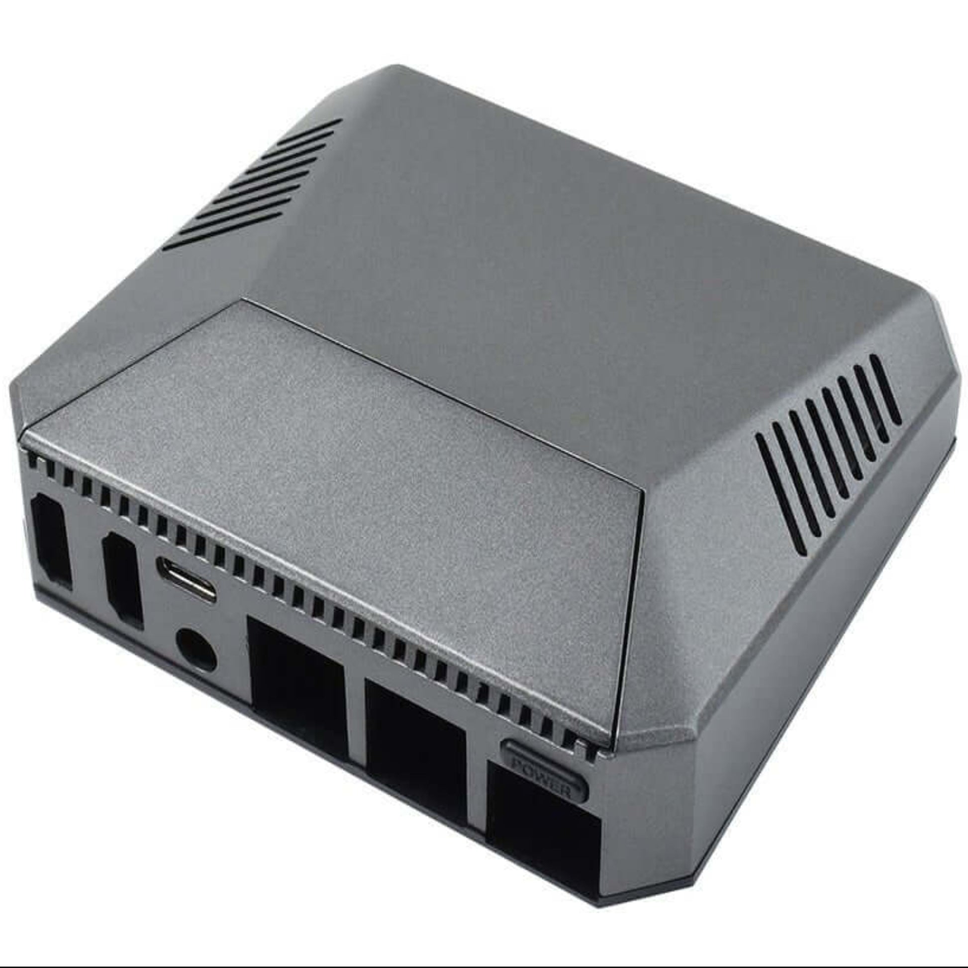 Argon ONE V2 Case for Raspberry Pi 4, gray aluminum shell with rear ports and cooling fan.