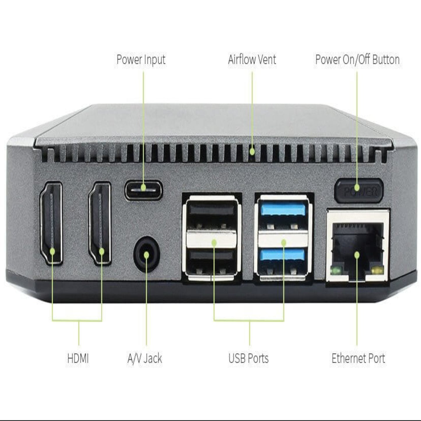 Argon ONE V2 Case for Raspberry Pi 4 showing rear ports including HDMI, USB, and Ethernet with power button and cooling vent.