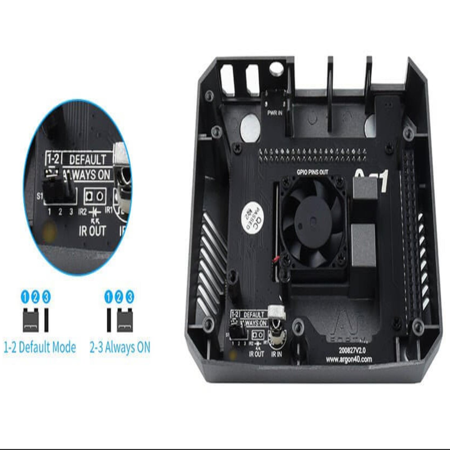 Internal view of Argon ONE V2 case for Raspberry Pi 4 showing fan, IR output, and mode settings.