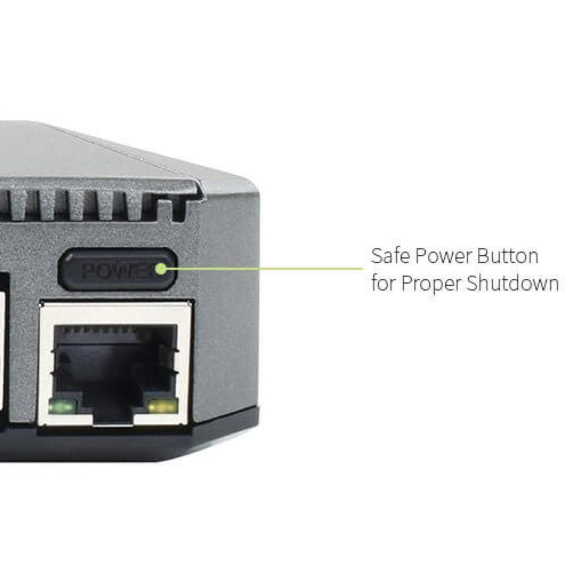 Argon ONE V2 Case side view showcasing USB ports and safe power button for Raspberry Pi 4 proper shutdown.