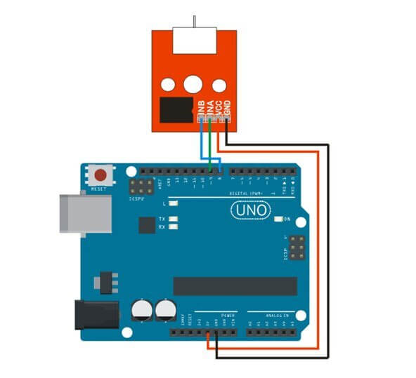 Arduino UNO board wiring diagram for L9110 fan motor module connection.