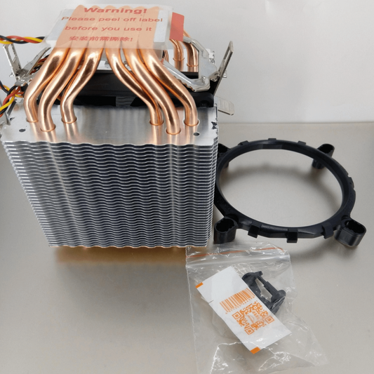 AVC 6-Heatpipe Universal CPU Cooler with copper heatpipes and mounting kit components.