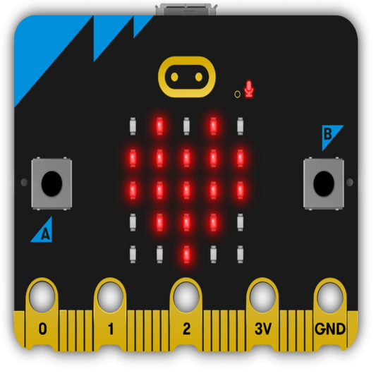 Image of BBC Micro:bit V2.2, a pocket-sized programmable computer with LED display and interactive buttons for STEM learning.