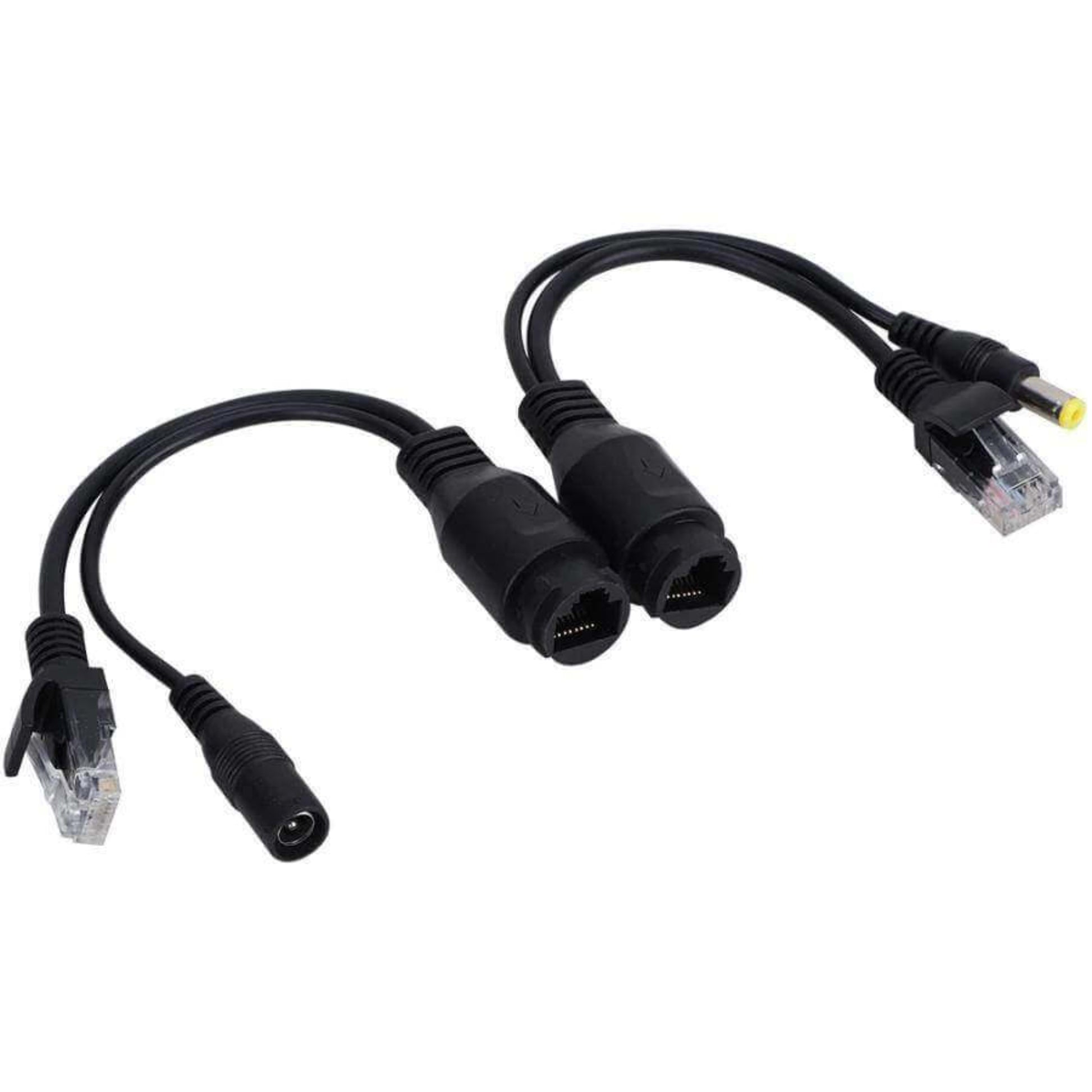 A pair of black PoE power supply cables, splitter and injector for seamless network and power transmission.