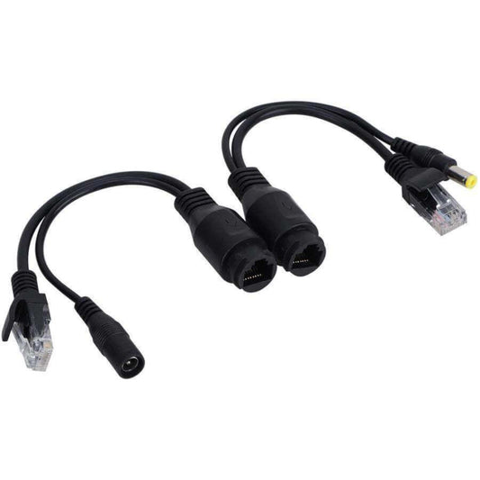 A pair of black PoE power supply cables, splitter and injector for seamless network and power transmission.