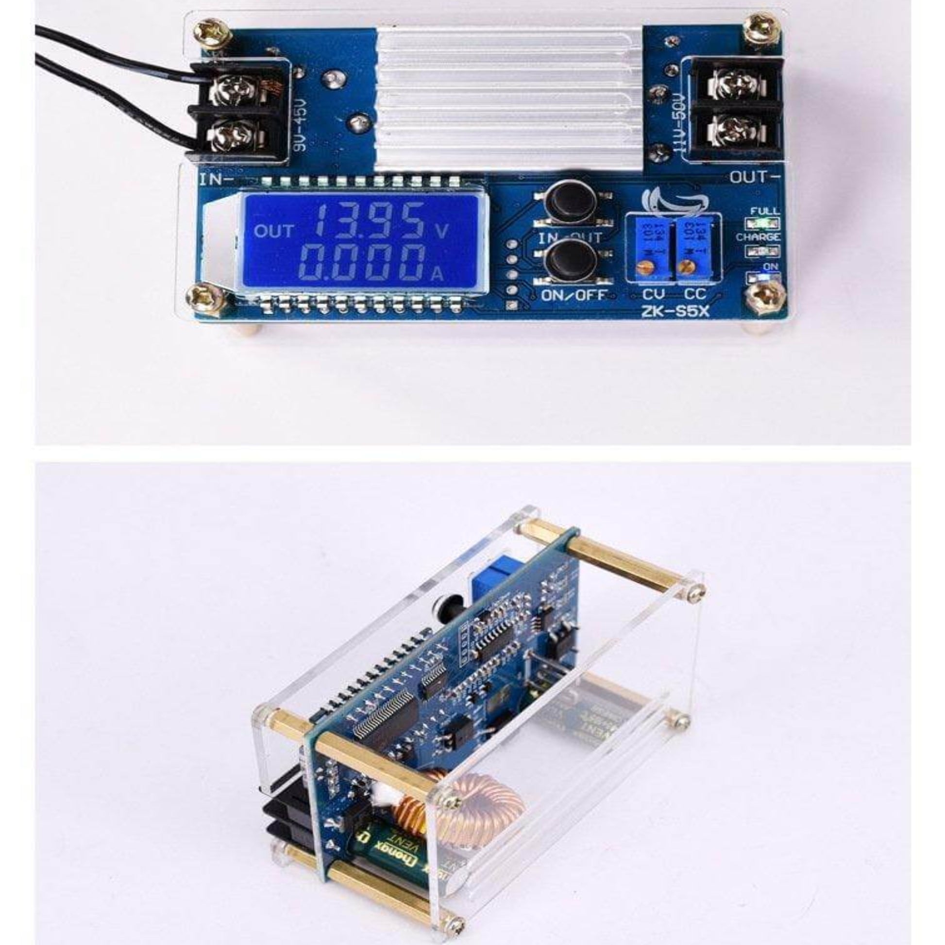 5A Boost Converter ZK-S5X with LCD display for adjustable voltage and current, featuring an acrylic casing.