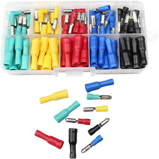 100pcs insulated male/female bullet connectors in a transparent storage box, featuring various colorful terminals for electrical projects.