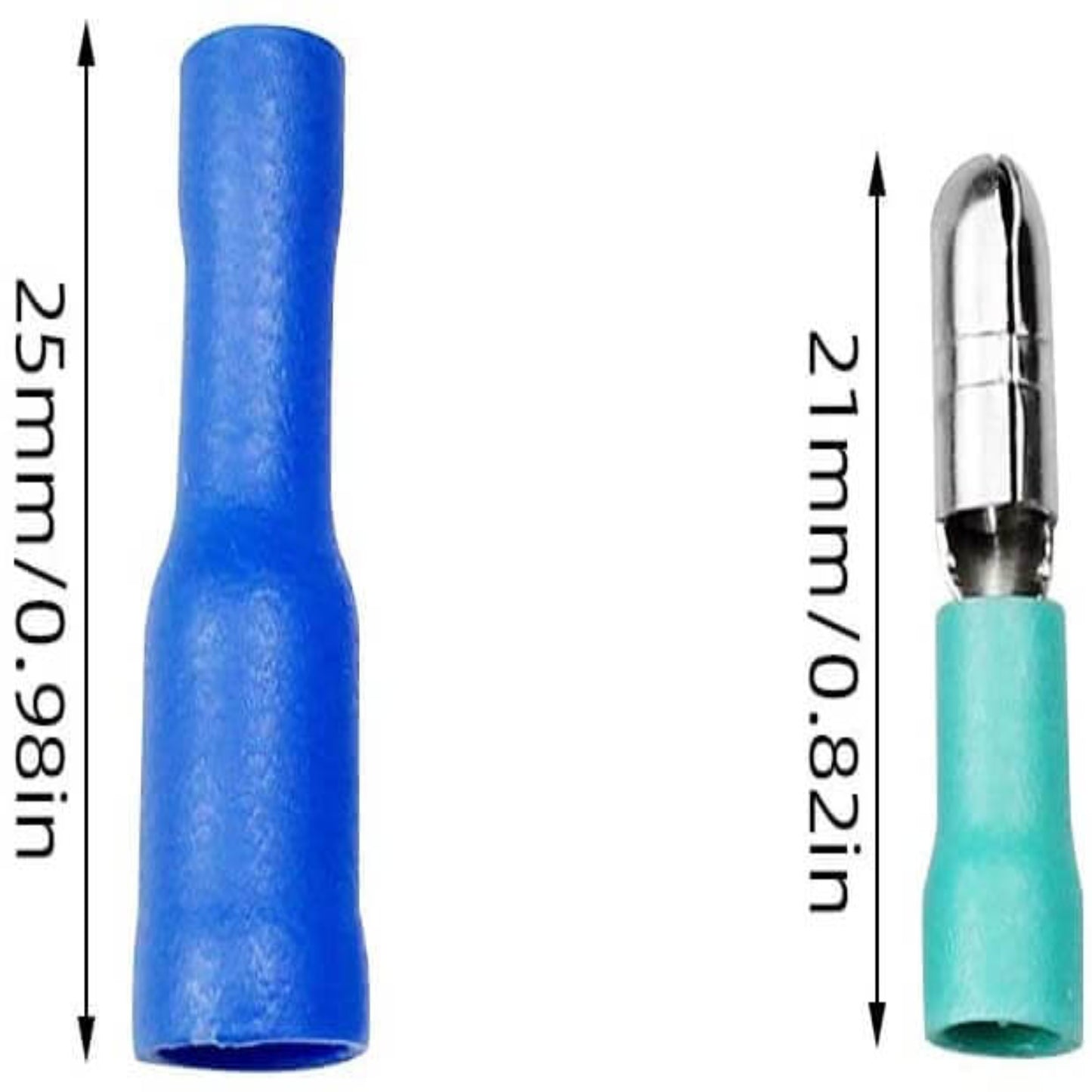 Insulated male and female bullet connectors, ideal for electrical projects, showcasing dimensions and reliable design.