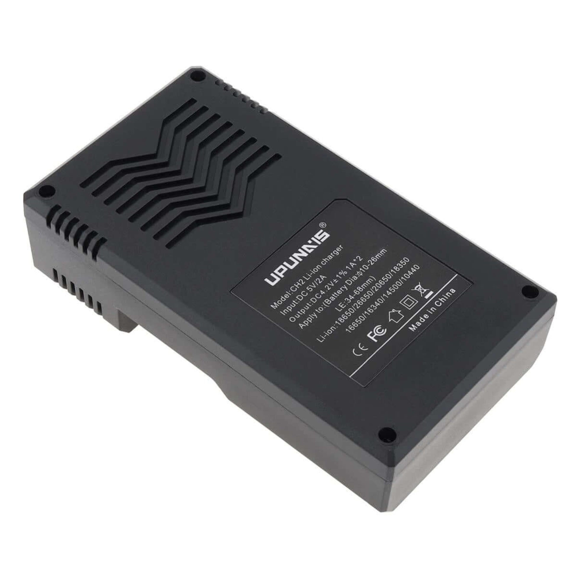 Back of the Upunnis CH2A dual-slot charger, showing the model number, input/output specs, and supported battery types.