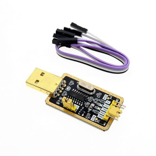 CH340G RS232 to TTL module with USB connector and test wires, ideal for reliable USB to serial communication.