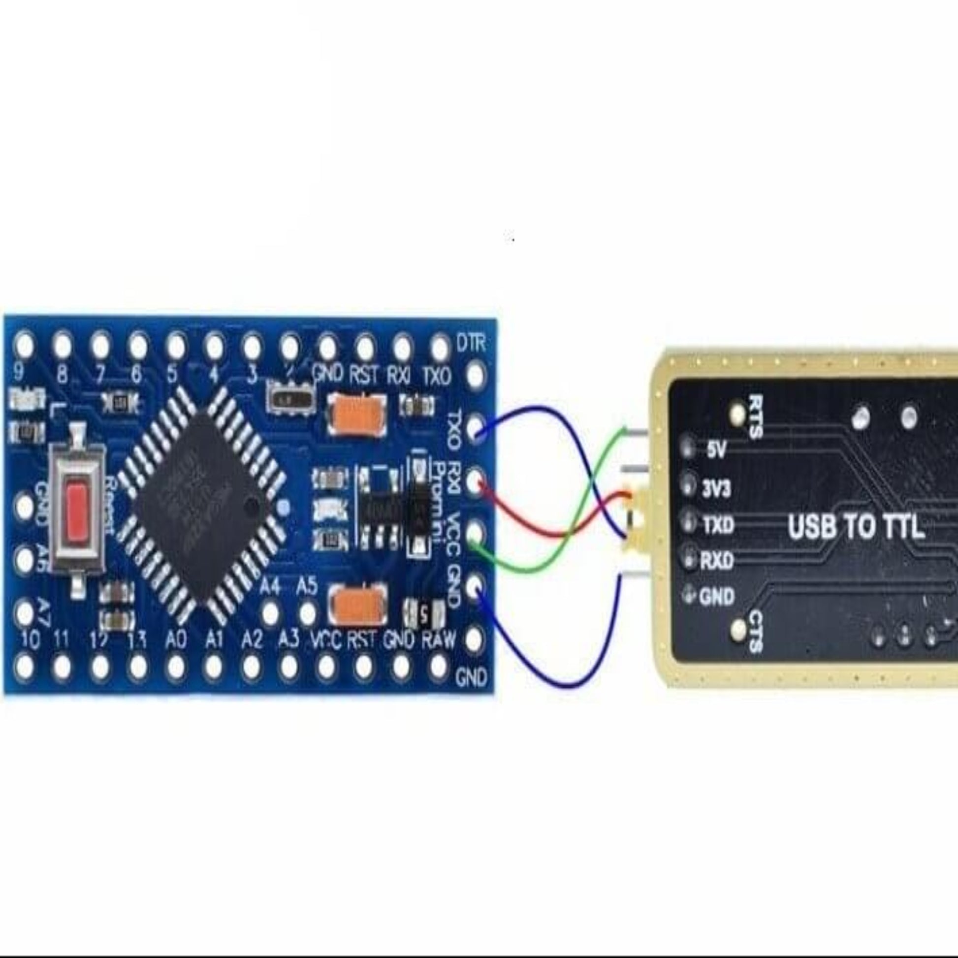 CH340G RS232 to TTL module with USB connection, featuring durable yellow pins and upgraded connection for serial communication.