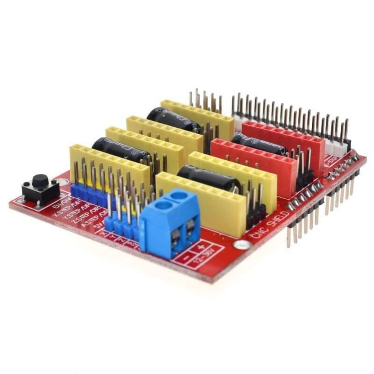 CNC Shield V3 for engraving machine and 3D printer, side angle showing driver slots and terminal block.