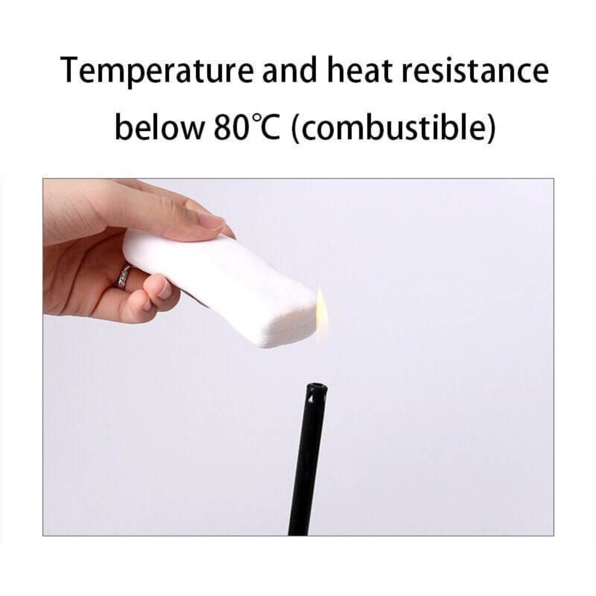 Image showing temperature resistance warning for a combustible material ignited by a lighter.