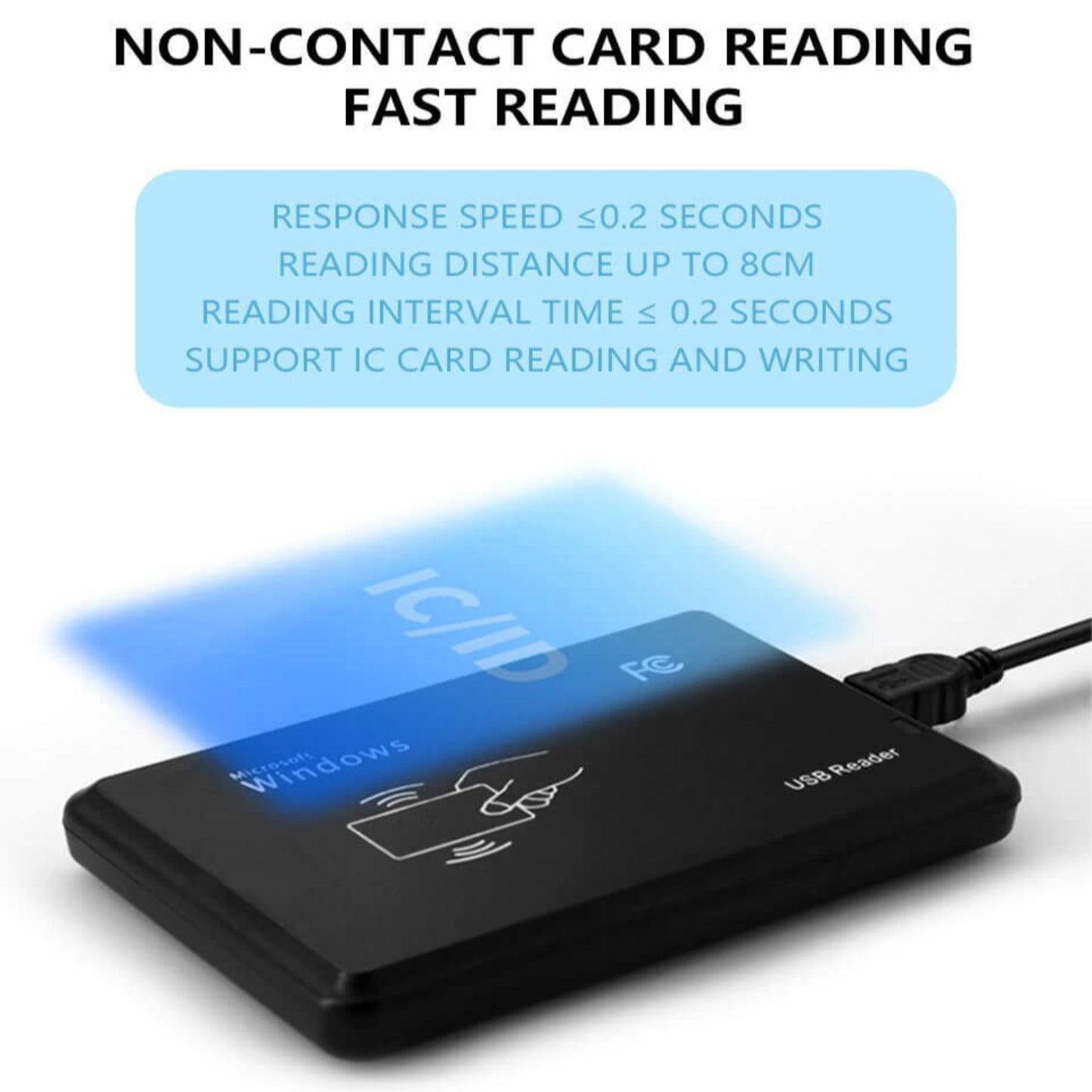 USB Contactless IC/ID Card Reader for fast, non-contact card reading with 8cm range, ideal for quick transactions.