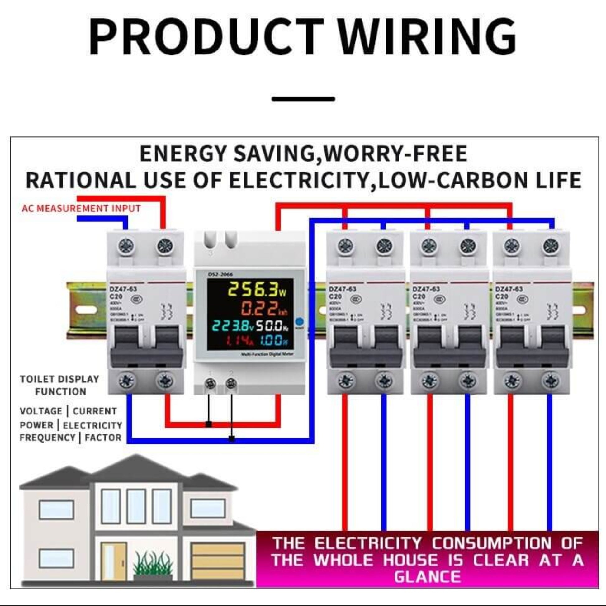 Wiring diagram for D52-2066 Multi-Function Digital Meter with internal CT for whole-house consumption.