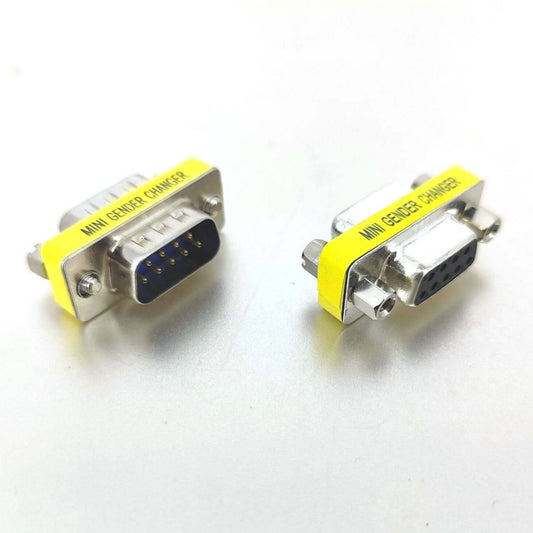 DB9 mini gender changer adapter for RS232 connections, male to male and female to female, 9-pin connectors.