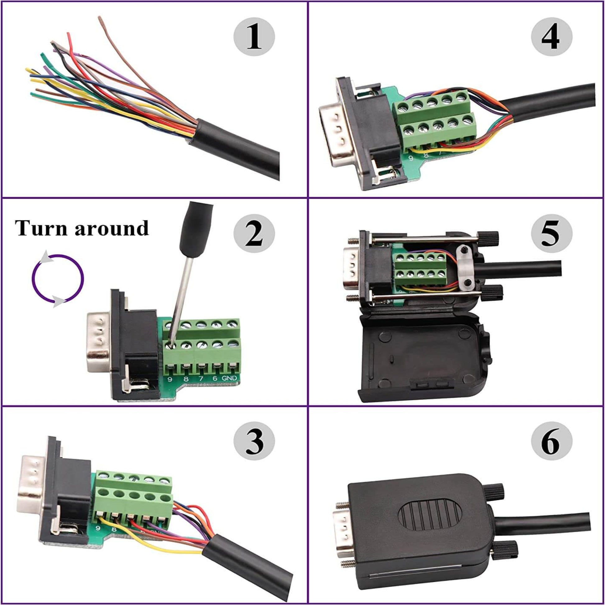 Step-by-step guide for DB9 RS232 male/female screw terminal block connector assembly process.