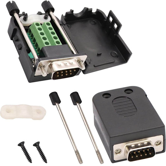 DB9 RS232 connector with screw terminal block and casing, includes mounting screws and pins.