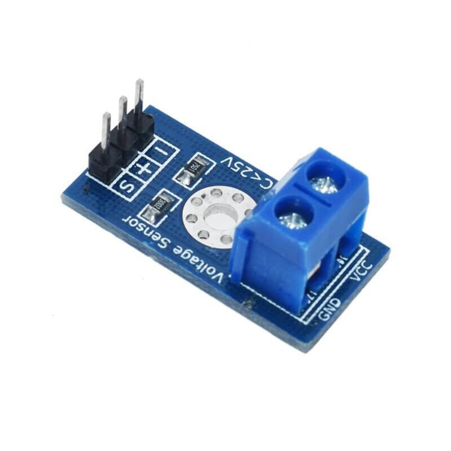 Voltage Sensor Module for Arduino, detects 0.02V to 25V, input voltage reduced 5 times for precise measurements.