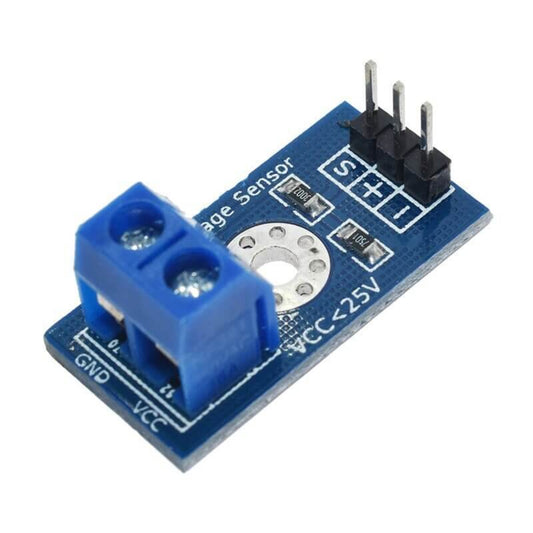 Voltage sensor module for Arduino, detects 0.02V to 25V with resistive divider design, ideal for electronic projects.