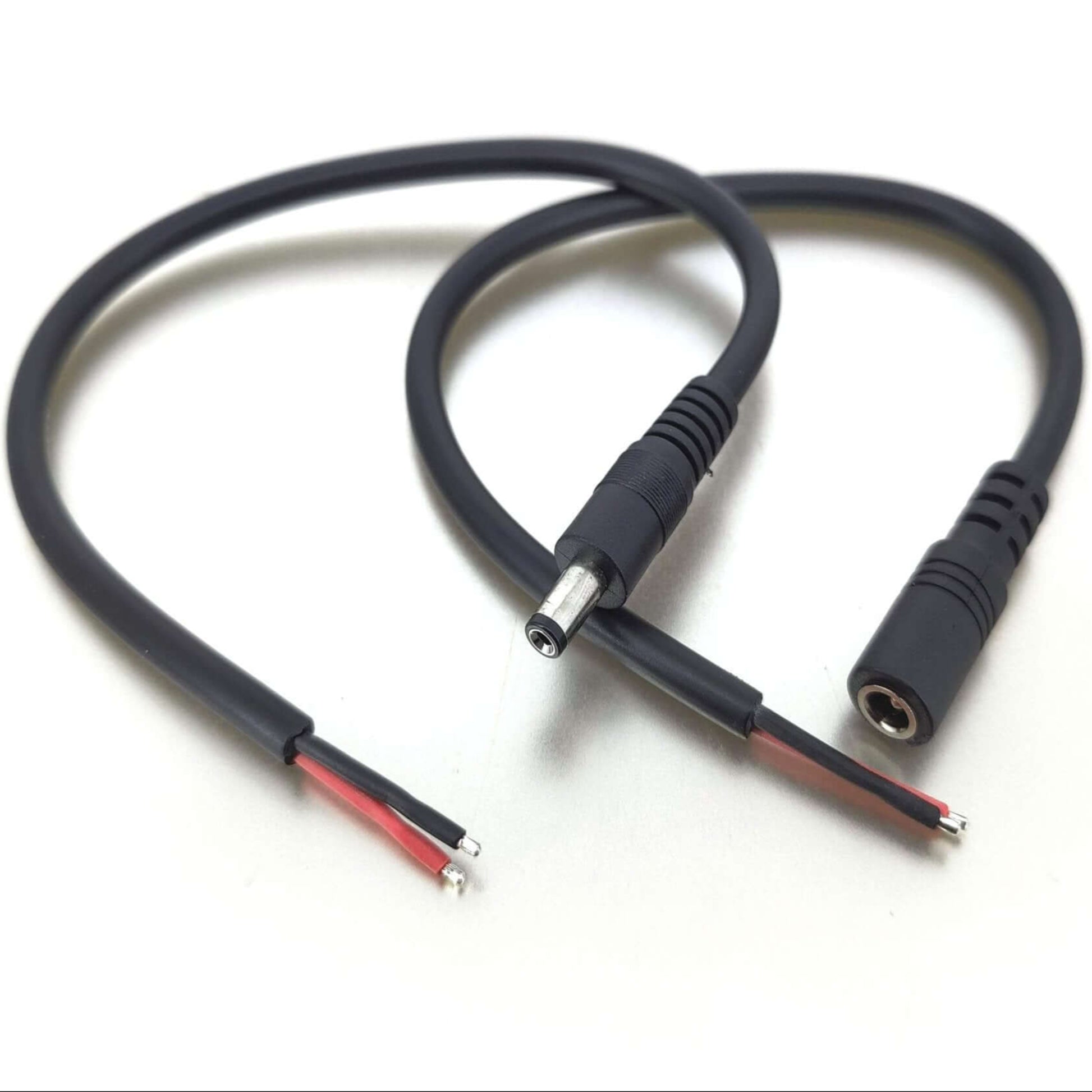 5.5mm x 2.1mm DC power pigtail cable with female plug and bare wire ends for LED and CCTV applications.