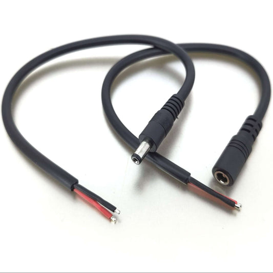 5.5mm x 2.1mm DC power pigtail cable with female plug and bare wire ends for LED and CCTV applications.