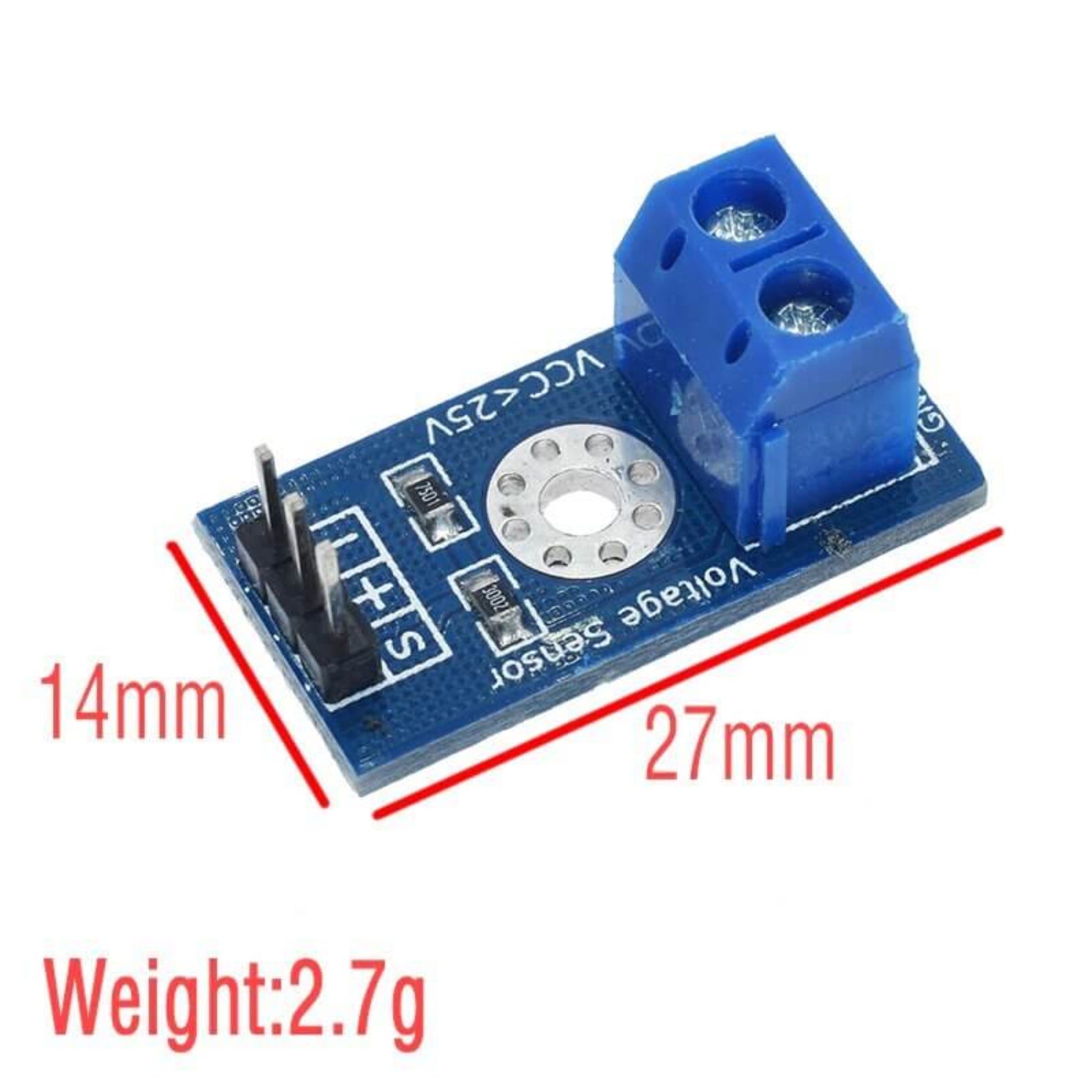 Voltage sensor module measuring 27mm x 14mm, lightweight at 2.7g, ideal for Arduino projects.