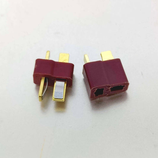 T-Plug male and female connectors in red for RC LiPo battery ESC, designed for secure connections and low resistance.