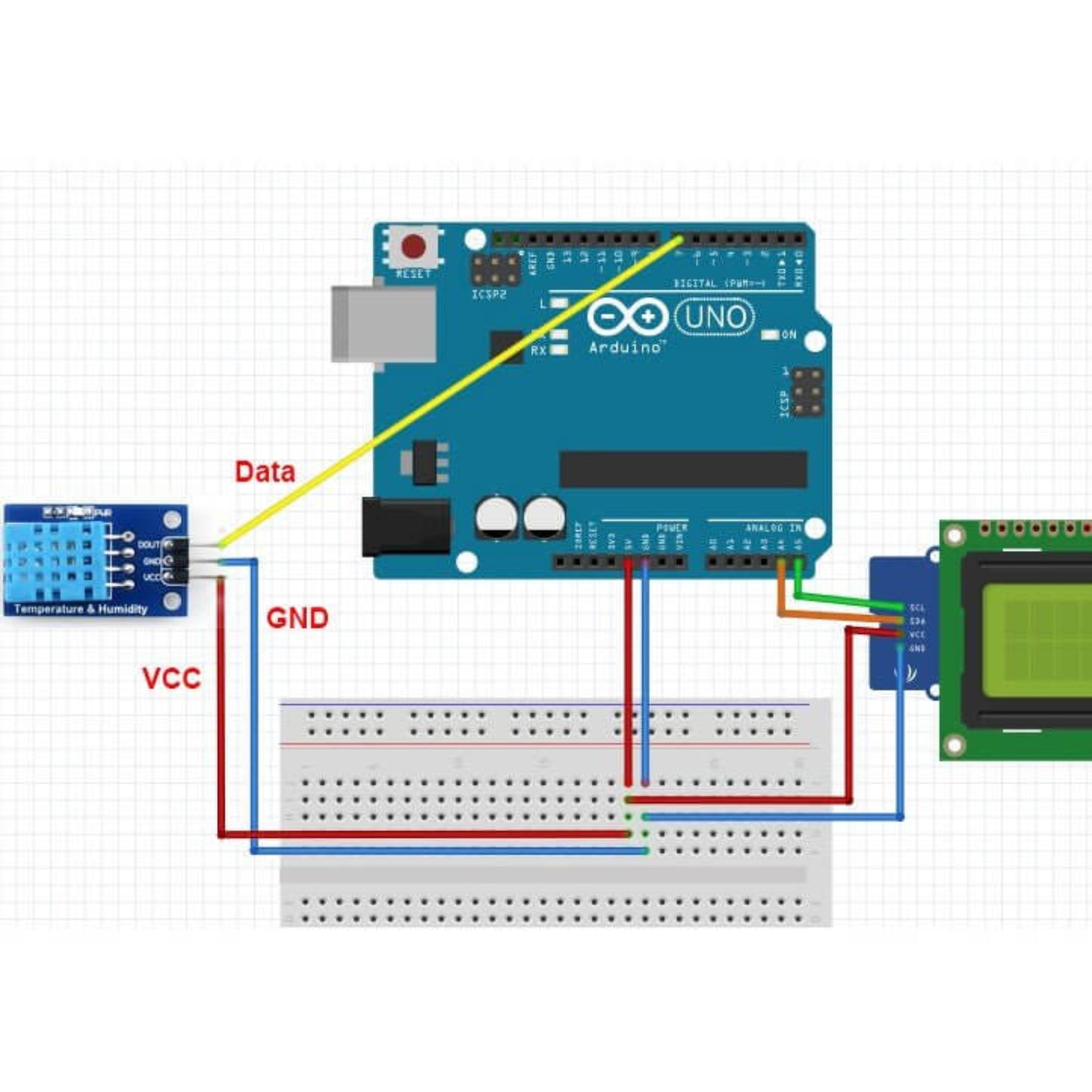 DHT11 temperature and humidity sensor module connected to Arduino UNO with wiring diagram for data and power.