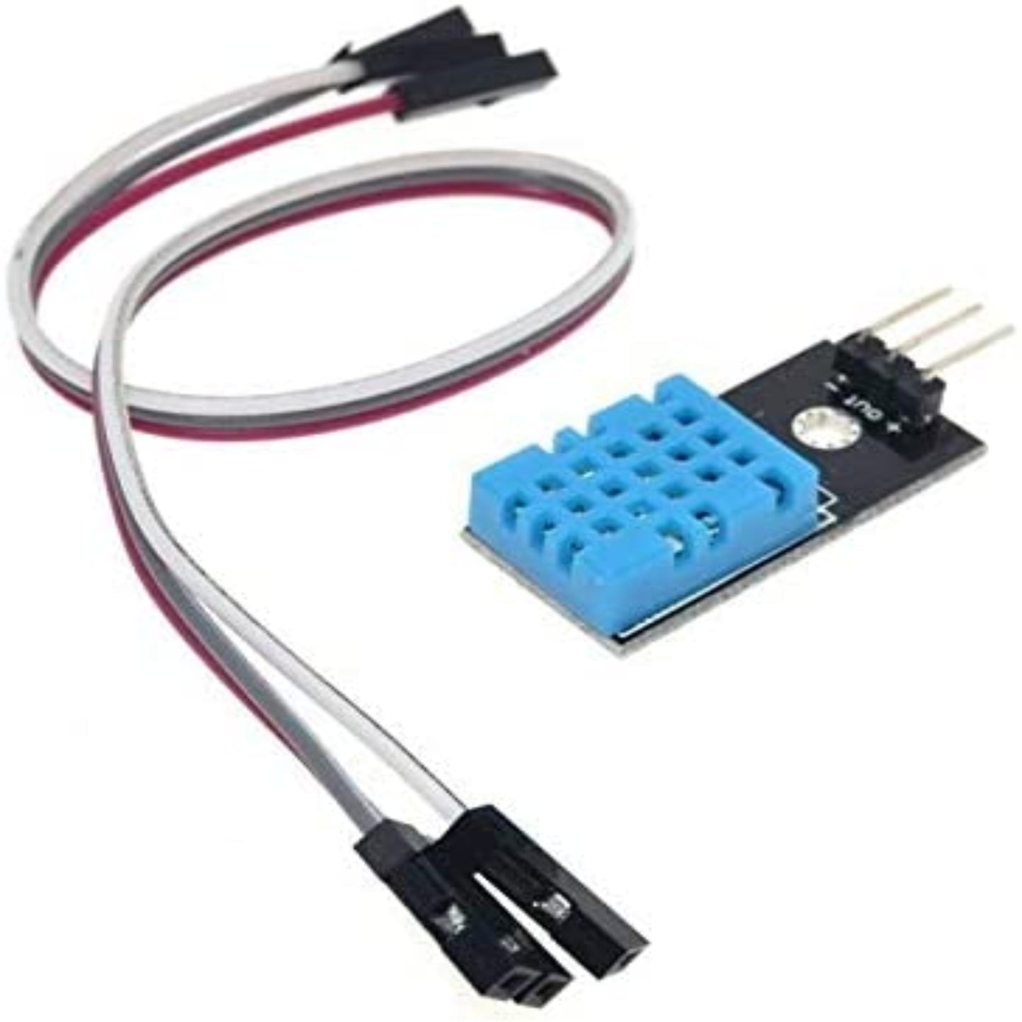 DHT11 temperature and humidity sensor module with cables for Arduino projects, measuring 20% to 90% humidity.