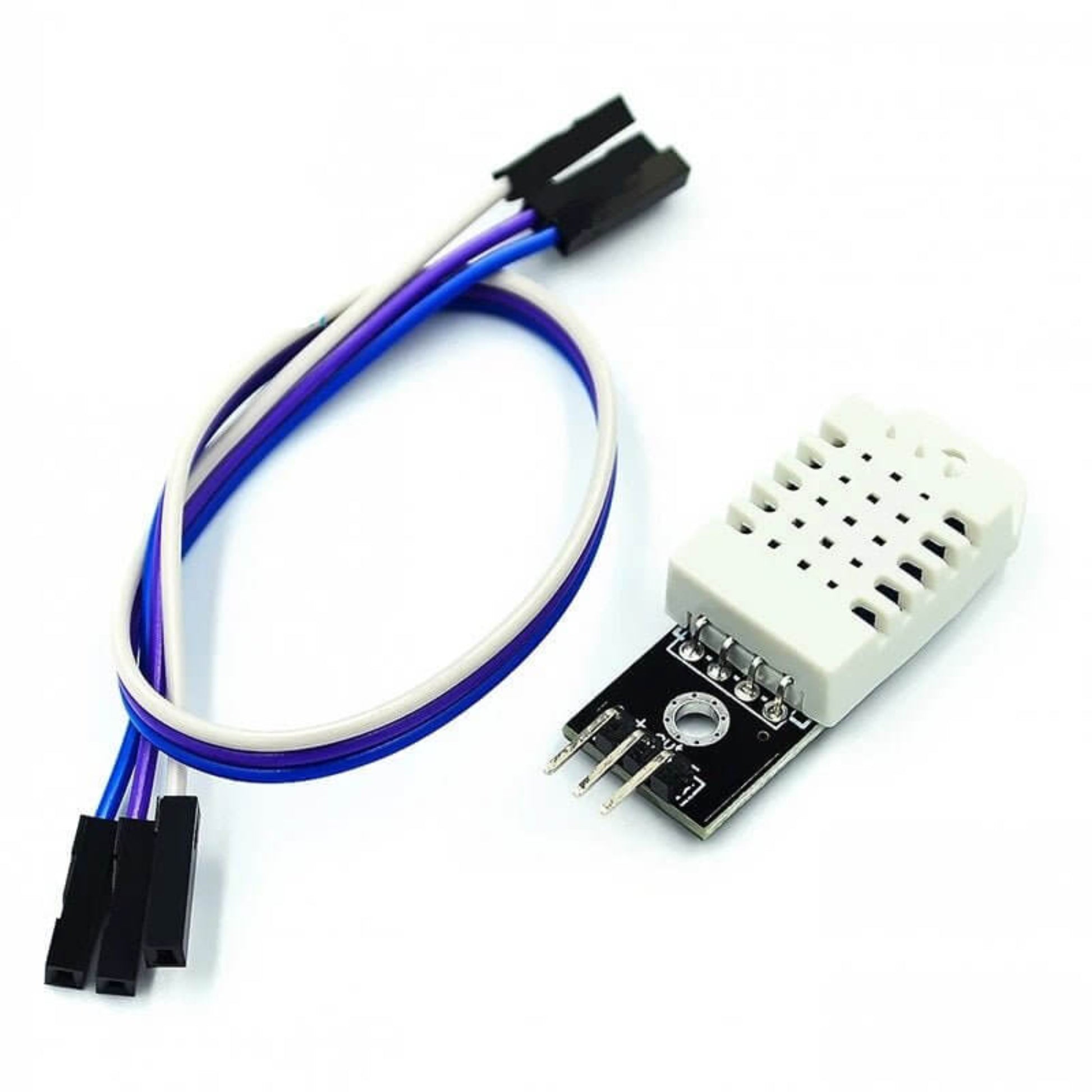 DHT22 digital temperature and humidity sensor module with jumper wires for electronic projects.