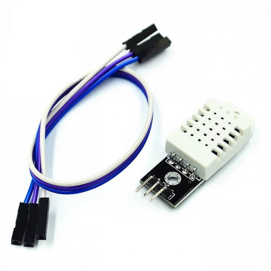 DHT22 digital temperature and humidity sensor module with jumper wires for electronic projects.