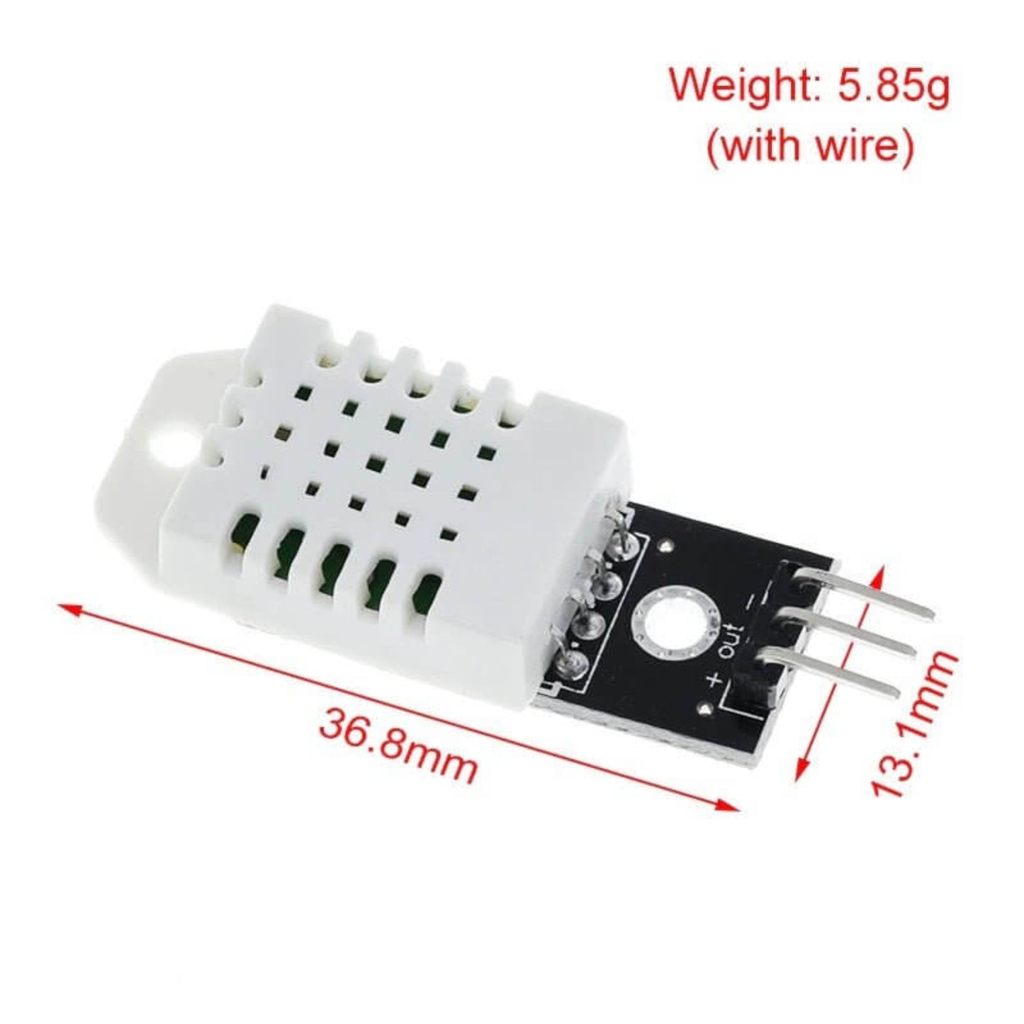 DHT22 digital temperature and humidity sensor module showing dimensions and weight specifications.