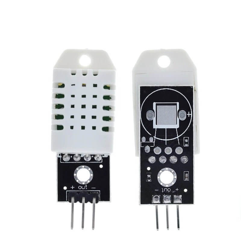 DHT22 digital temperature and humidity sensor module with wiring terminals for accurate readings.