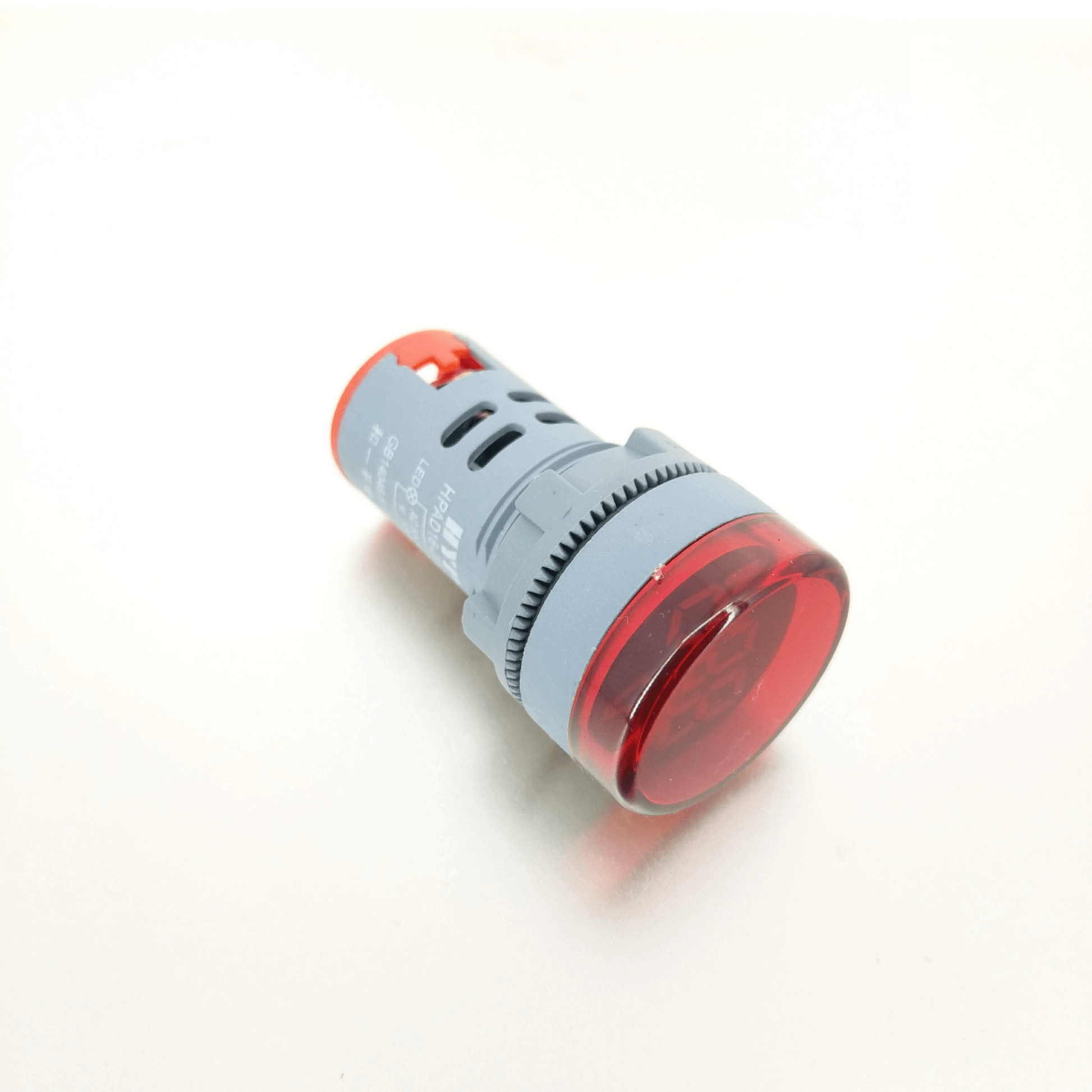 Red LED indicator light for AC voltmeter signal indication and warning in electrical applications.