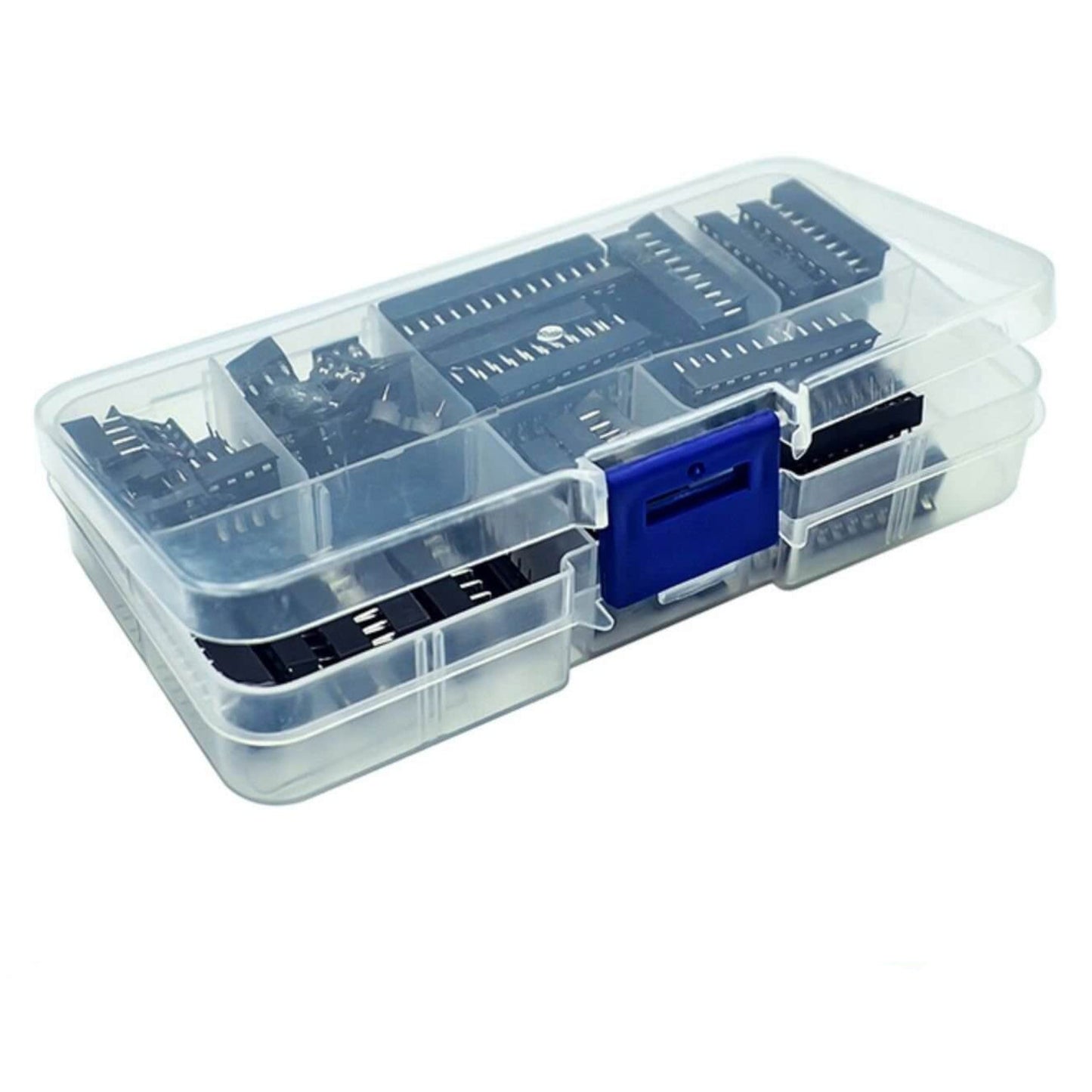 66 piece DIP IC socket assortment kit in a clear plastic organizer box.