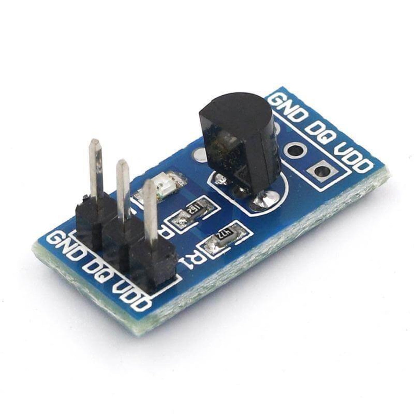 Front view of the DS18B20 digital temperature sensor module showing the black sensor and power LED, suitable for Arduino projects.