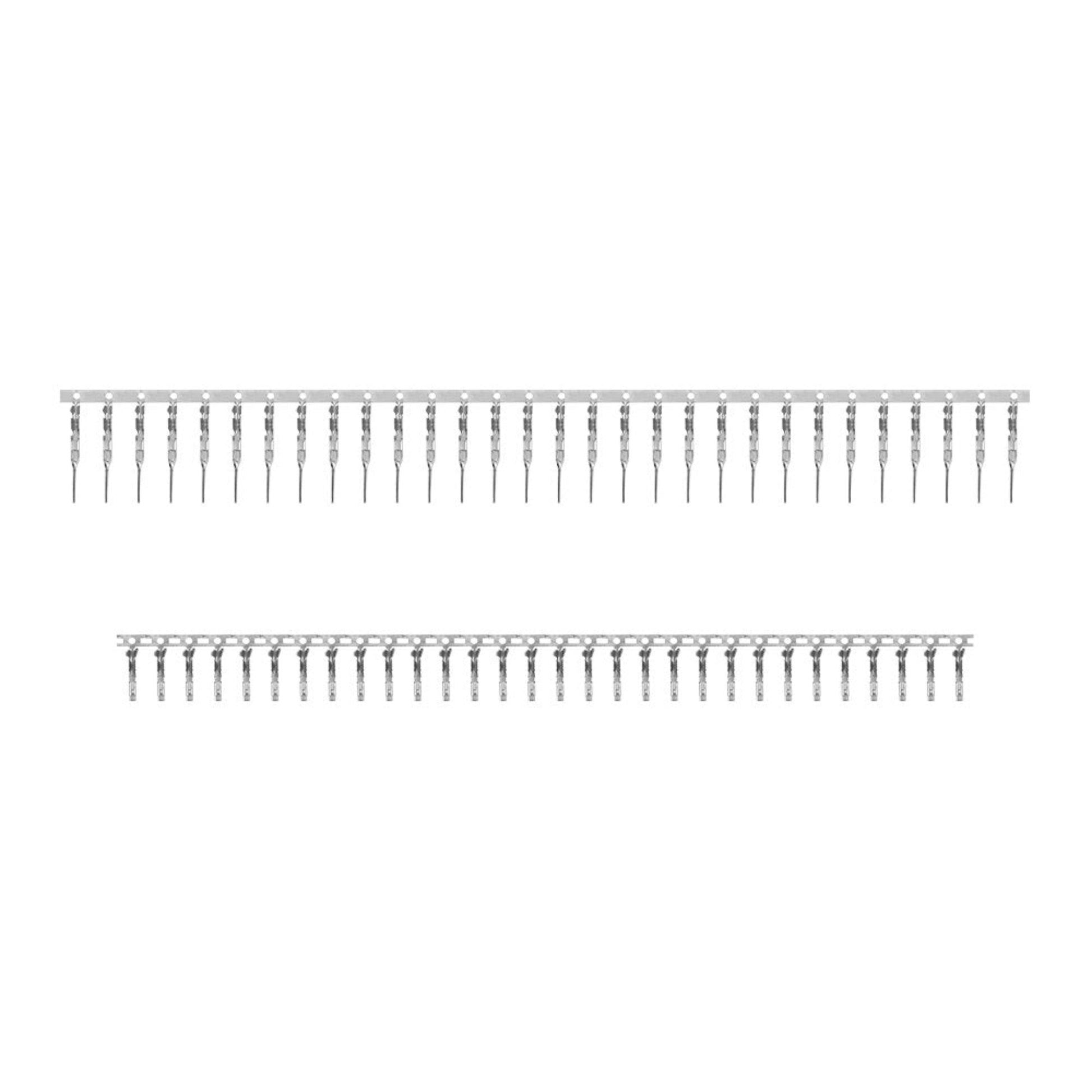 Close-up of male and female 2.54mm Dupont jumper wire connectors for DIY electronics projects.