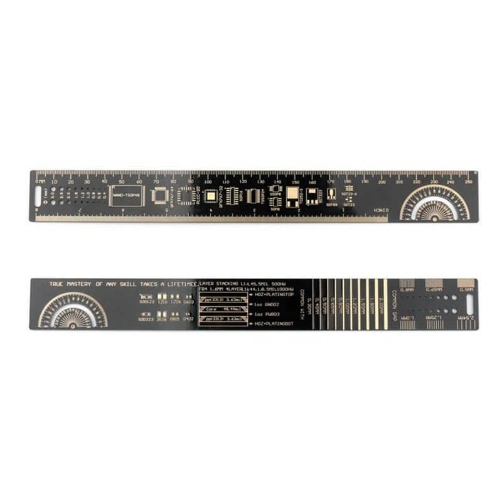 25cm PCB ruler measuring tool with angle gauges, IC pin spacing, and reference charts for electronic components.