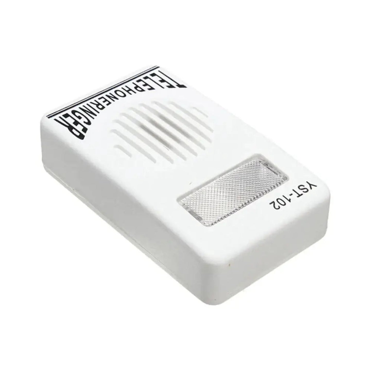 White extra-loud telephone ringer (YST-102) with speaker grille and prominent strobe light for improved visibility.