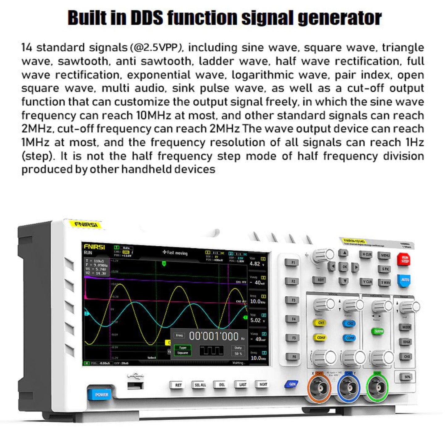 FNIRSI-1014D digital oscilloscope with built-in DDS signal generator showing waveforms and features.