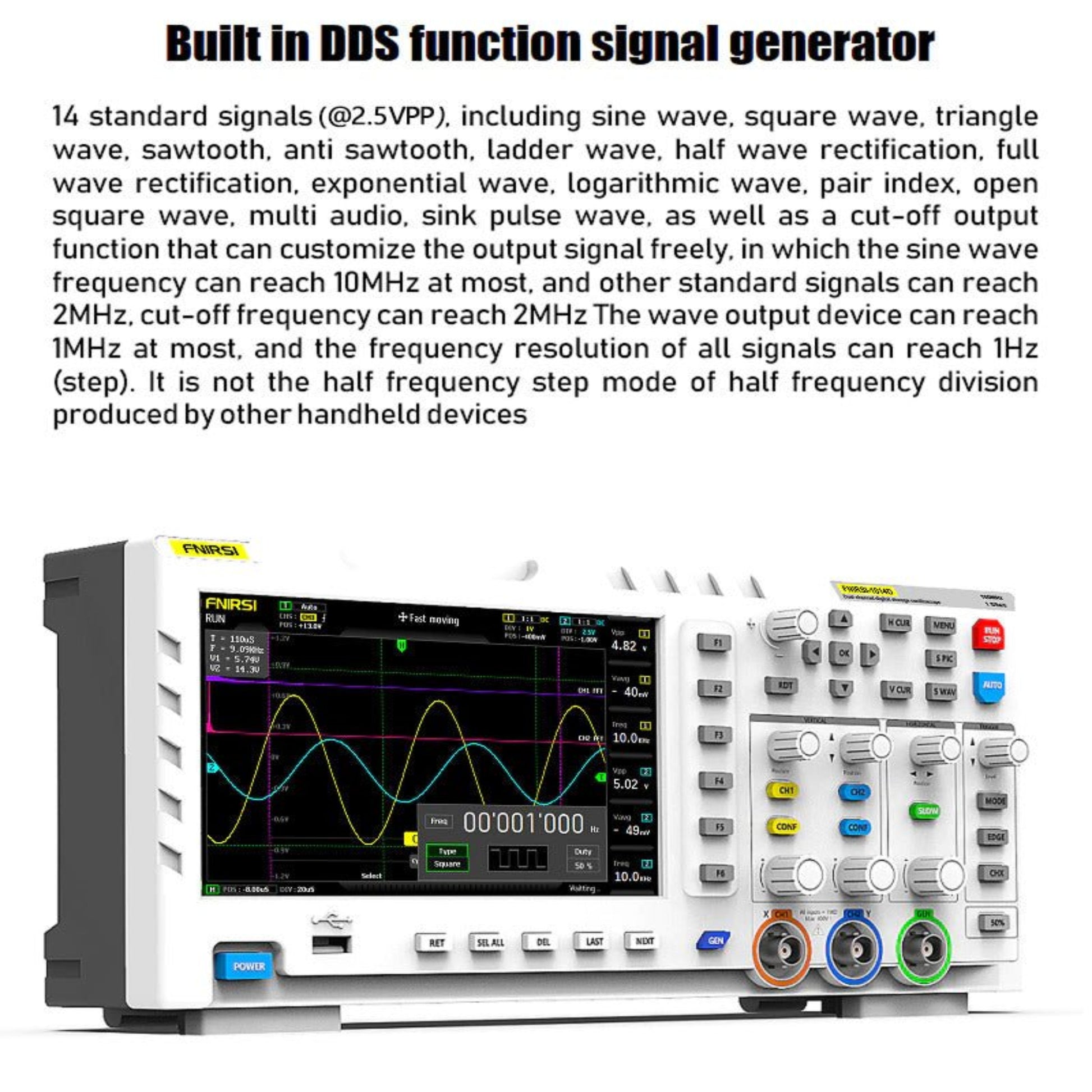 FNIRSI-1014D digital oscilloscope with built-in DDS signal generator showing waveforms and features.